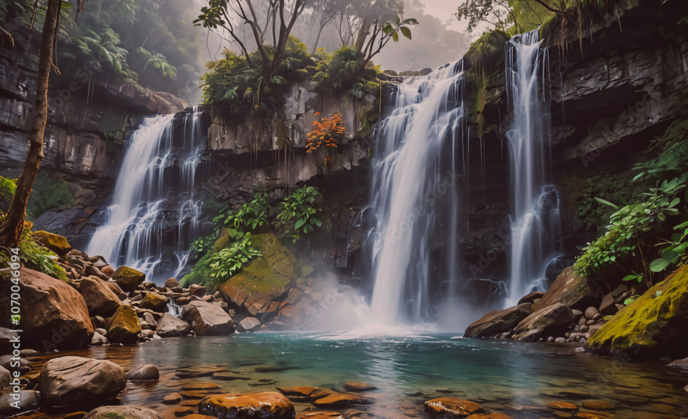 Poster waterfall with a small stream of water flowing into it