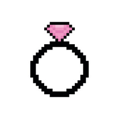 Obraz premium Pixel art icon of a diamond ring, symbolizing love and commitment. Valentine's theme in retro 8-bit style on a transparent background.