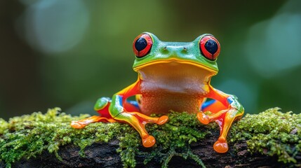 A vibrant red-eyed tree frog perched on a mossy branch, with a blurred green background.