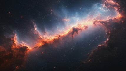Fototapeta premium A beautiful, starry night sky with a long, orange cloud in the middle. The sky is filled with stars and the orange cloud is the main focus of the image