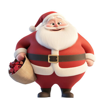 Illustrazione di Babbo Natale con una gerla colma di regali per Natale. Diponibile su sfondo bianco trasparente