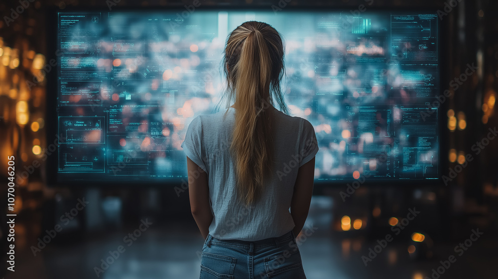 Poster a woman stands in front of a computer monitor with a city view on it. she is looking at the screen w