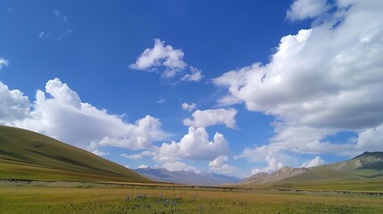 Enchanting Blue Sky, White Clouds, and Grassland Scenery: A Serene Escape