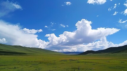 Fototapeta premium Enchanting Blue Sky, White Clouds, and Grassland Scenery: A Serene Escape