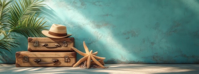 Vintage Suitcases on Blue Background with Accessories