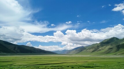 Fototapeta premium Enchanting Blue Sky, White Clouds, and Grassland Scenery: A Serene Escape