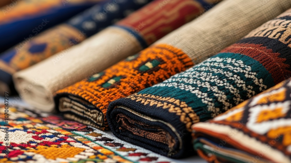 Poster colorful rolled-up carpets displayed on a table showcasing traditional patterns for rug design inspi