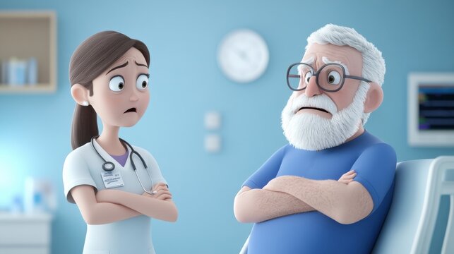 Cartoon of Older Man in Hospital Bed with Doctor