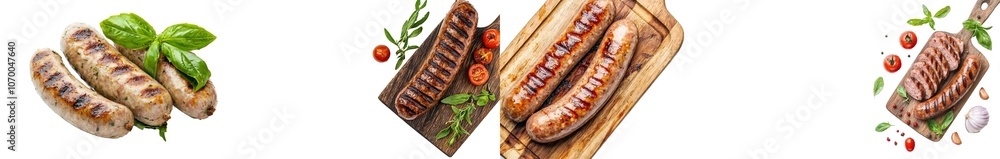 Poster view of grilling sausages from the top, isolated on a transparent background