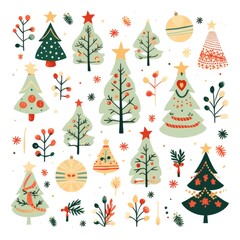 Festive christmas trees and gifts pattern with decorative elements