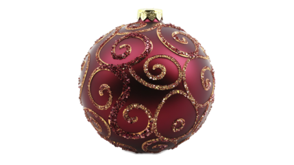 Pallina per albero di Natale rossa con decorazioni dorate. Disponibile su sfondo bianco trasparente