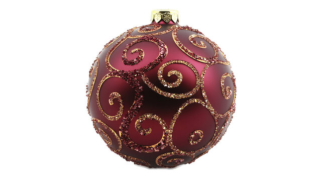 Pallina per albero di Natale rossa con decorazioni dorate. Disponibile su sfondo bianco trasparente