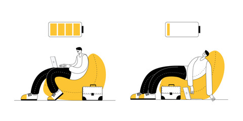 A cheerful man works at the computer, and a tired man sleeps in a bean bag chair. Vector illustration in outline style on the theme of workaholism and fatigue.