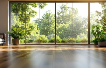 Obraz premium Bright and inviting interior with large windows overlooking lush greenery and indoor plants