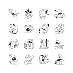 A collection of icons showcasing various aspects of environmental sustainability and green initiatives