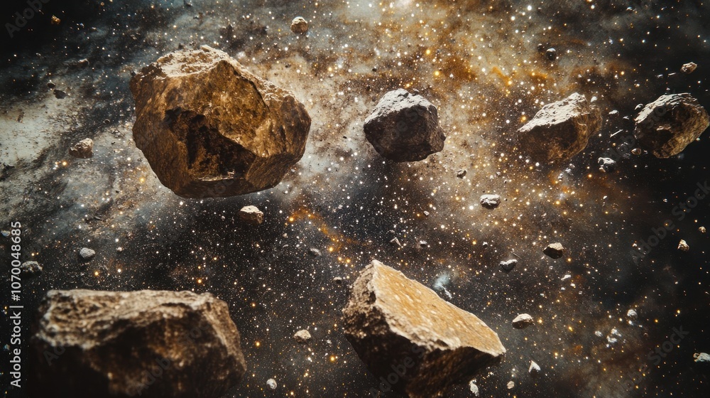 Poster a cosmic scene depicting asteroids floating in space against a starry backdrop.
