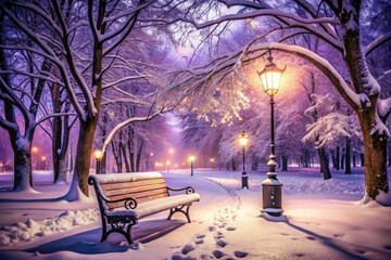 Naklejka premium Serene Snow-Covered Park Bench Under Purple Lantern Light - Urban Exploration in Winter Wonderland