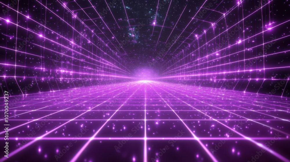 Poster a mesmerizing digital landscape featuring a vibrant purple grid extending into a starry void.