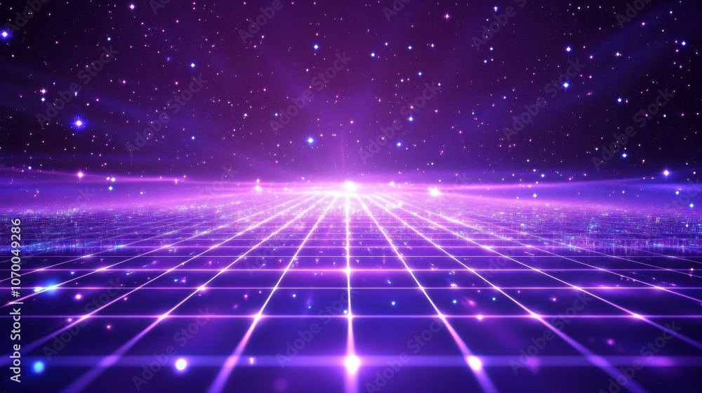 Poster a mesmerizing purple galaxy background with starry skies and a glowing grid pattern, creating a cosm