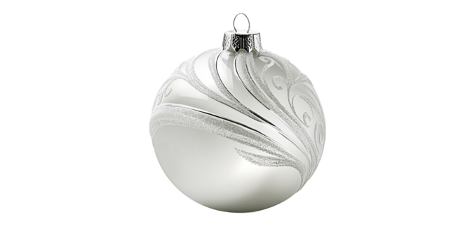 Ornamento per addobbo natalizio moderno e luminoso, di colore bianco ghiaccio, con venature in rilievo. Disponibile su sfondo bianco trasparente