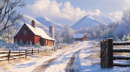 Kentucky Christmas Landscape With Snowy Farms and Mountains Generative AI