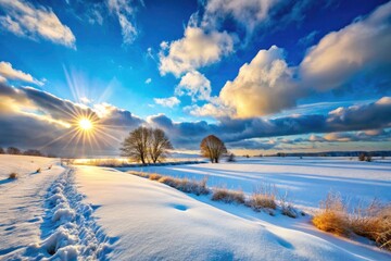Serene Winter Landscape with Snowy Field, Bright Blue Sky, Soft Clouds, and Radiant Sun - Beautiful Tilt-Shift Photography