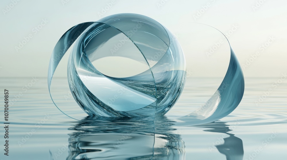 Poster a mesmerizing translucent sphere with flowing ribbons reflecting light, floating gracefully on calm 