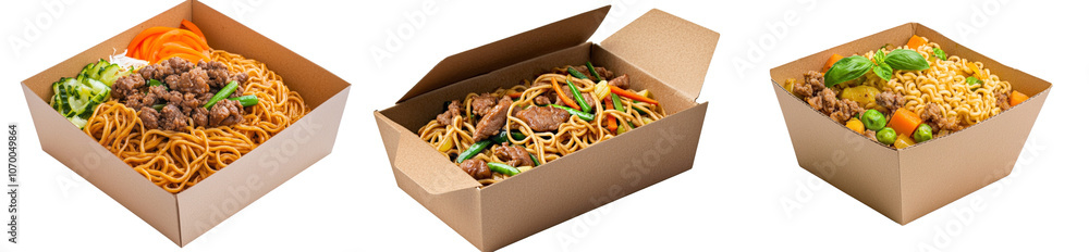Poster on a transparent background, a paper box contains noodles with beef