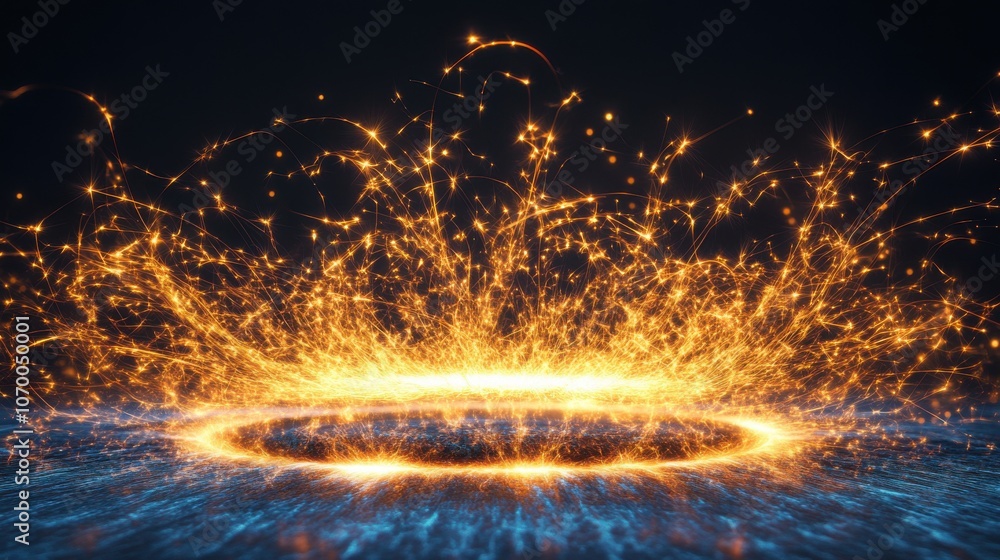 Poster an abstract burst of golden sparks emanating from a glowing circular core, set against a dark backgr