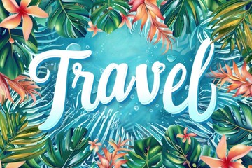 Tropical Travel Background with Seashells and Starfish on Turquoise Leaves