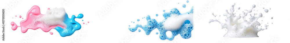 Poster Clipping path for colorful soap foam and colorful bubbles isolated on white