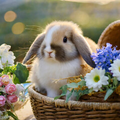 花束に囲まれているバスケットに入ったロップイヤーの子ウサギ