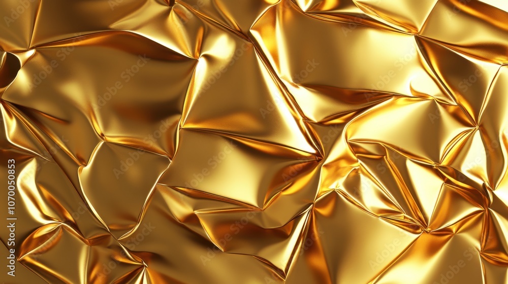 Poster close-up of a shiny, crumpled gold foil texture, creating a dynamic and luxurious visual effect.