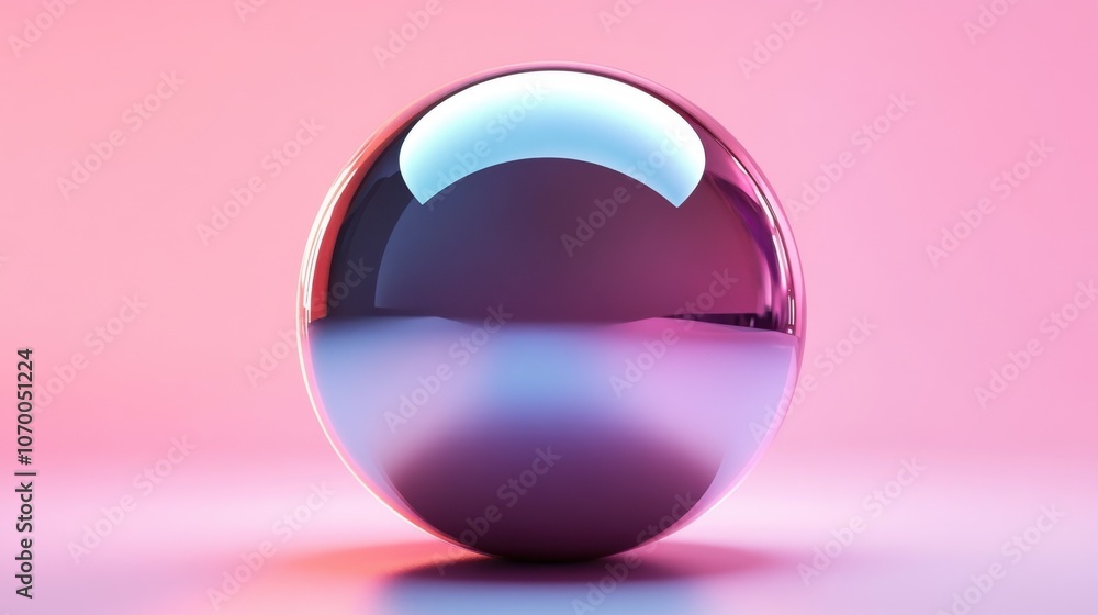 Poster a reflective spherical object with a gradient of pink and purple hues, set against a smooth backgrou