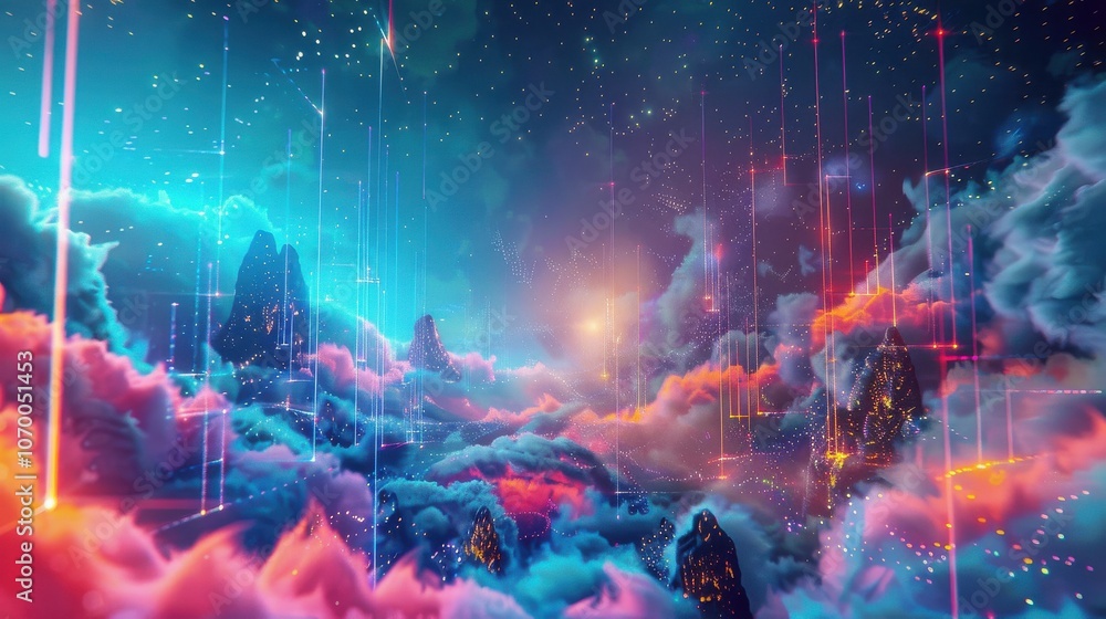 Poster futuristic cityscape with neon lights and a vibrant color palette floating amidst clouds in a cyberp