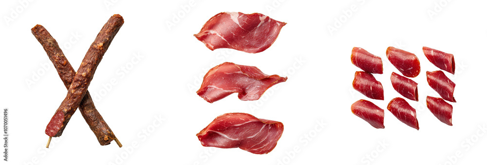 Poster on a transparent background, a stack of salami slices is shown