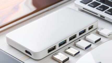 A Sleek USB hub with multiple ports connected to various devices, showcasing modern design and functionality in a tech-focused setup.	