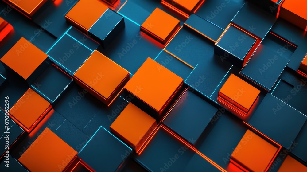 Poster abstract composition of 3d geometric cubes in vibrant orange and cool blue tones, creating a dynamic
