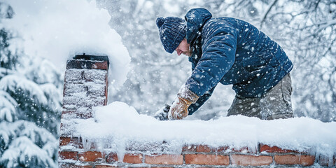 Worker shoveling snow off a brick chimney in heavy snowfall, representing the hard work required for winter maintenance...