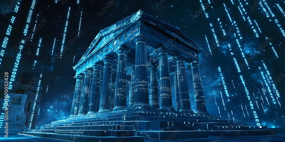 Poster a futuristic, digital rendering of an ancient temple, glowing with blue light and surrounded by fall