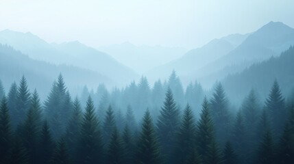 Fototapeta premium Serene misty mountains and evergreen trees create a tranquil atmosphere in this enchanting forest landscape.