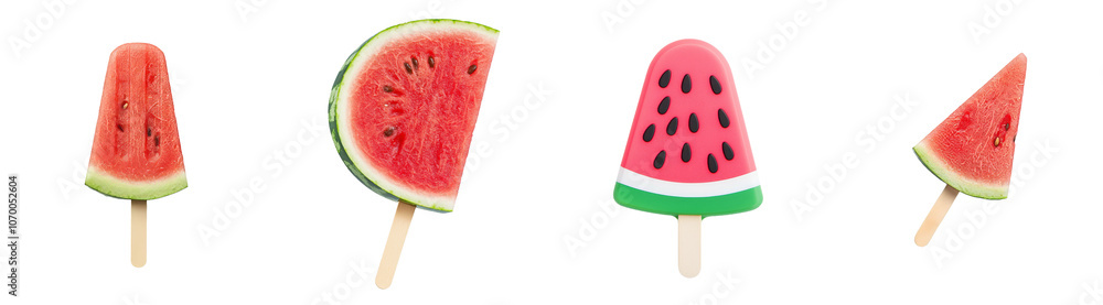 Poster a slice of watermelon with a wooden stick isolated over a transparent background