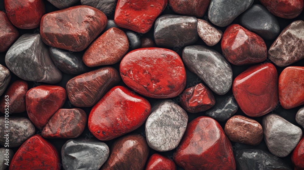 Poster a varied collection of smooth red and gray stones, creating a vibrant and textured background.