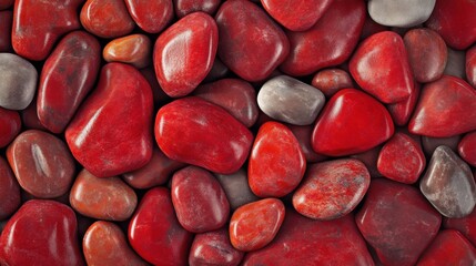 A vibrant collection of smooth, red pebbles showcasing various shades and textures, creating an eye-catching display.
