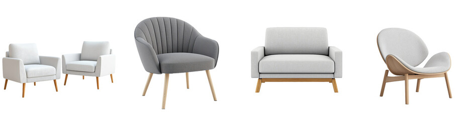 Naklejka premium Armchair isolated on transparent background in grey fabric with wooden legs