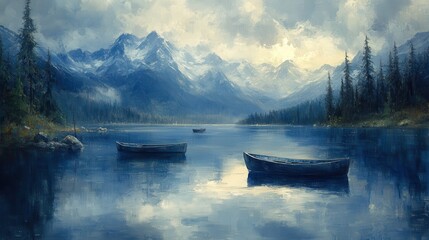 Obraz premium Serene Landscape with Boats on Tranquil Lake
