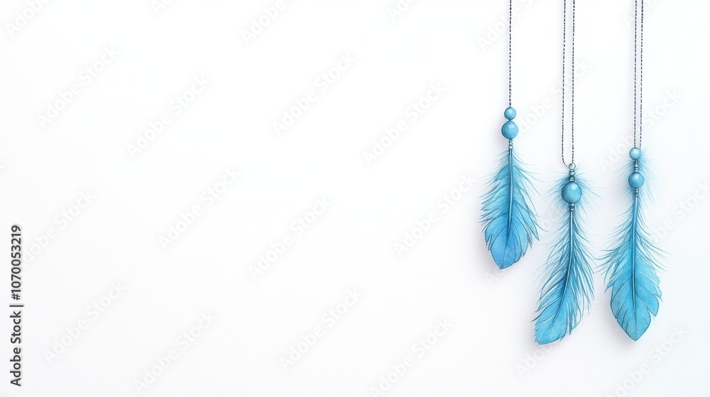 Aufkleber three delicate blue feathers hang from thin strings against a clean, white background, creating a mi
