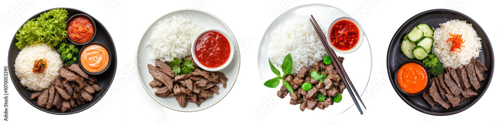 Poster isolated plate of rice and beef with a transparent background, top view