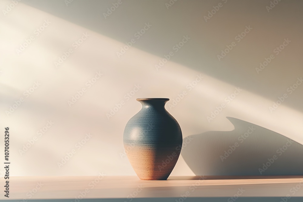 Poster a handcrafted vase placed elegantly on a shelf illuminated by soft natural light in a serene indoor 
