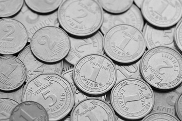 Ukrainian money, exchange coin, white coins of different denomination in random order.